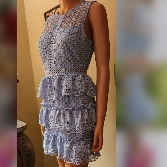 The Clothing Company Baby Blue Tiered Crochet Knit Lace Mini Dress - Picture 5 of 15